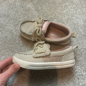 Sperry Kids Tan Moccasins with Gold Accents